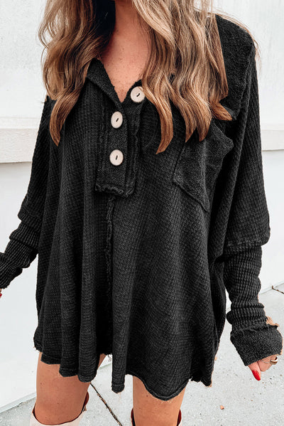 Explore More Collection - Waffle Knit Buttoned Long Sleeve Top with Breast Pocket