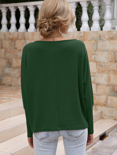 Explore More Collection - Waffle-Knit Boat Neck Long Sleeve Top