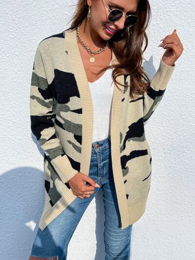 Explore More Collection - Camouflaged Dropped Shoulder Open Front Cardigan