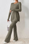 Explore More Collection - Ribbed Long Sleeve Slit Top and Bootcut Pants Set