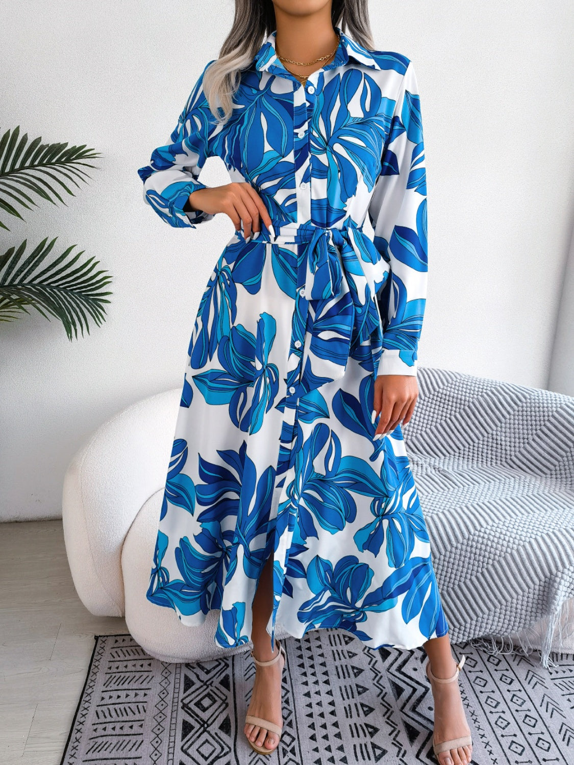 Explore More Collection - Tied Button Up Long Sleeve Dress