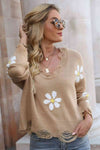 Explore More Collection - Flower Distressed Ribbed Trim Sweater