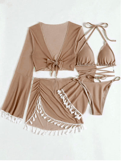 Explore More  Collection - Halter Neck Bra, Bottom, Tassel Flare Sleeve Cover-Up and Skirt Four-Piece Swim Set