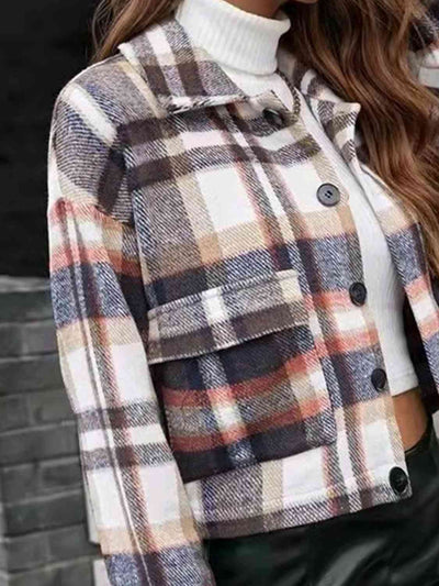 Explore More Collection - Plaid Collared Neck Button Down Jacket