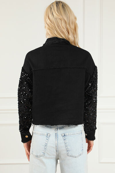 Explore More Collection - Sequin Button Up Raw Hem Denim Jacket