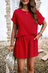 Explore More Collection - Round Neck Short Sleeve Top and Elastic Waist Shorts Set