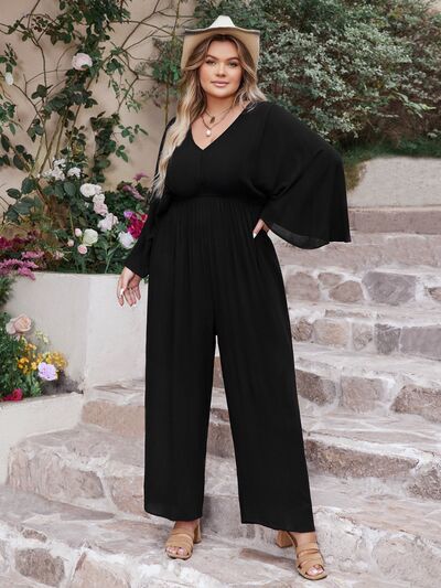 Explore More Collection - Plus Size V-Neck Long Sleeve Wide Leg Jumpsuit