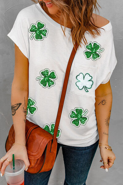 Explore More Collection - Sequin Lucky Clover Boat Neck T-Shirt
