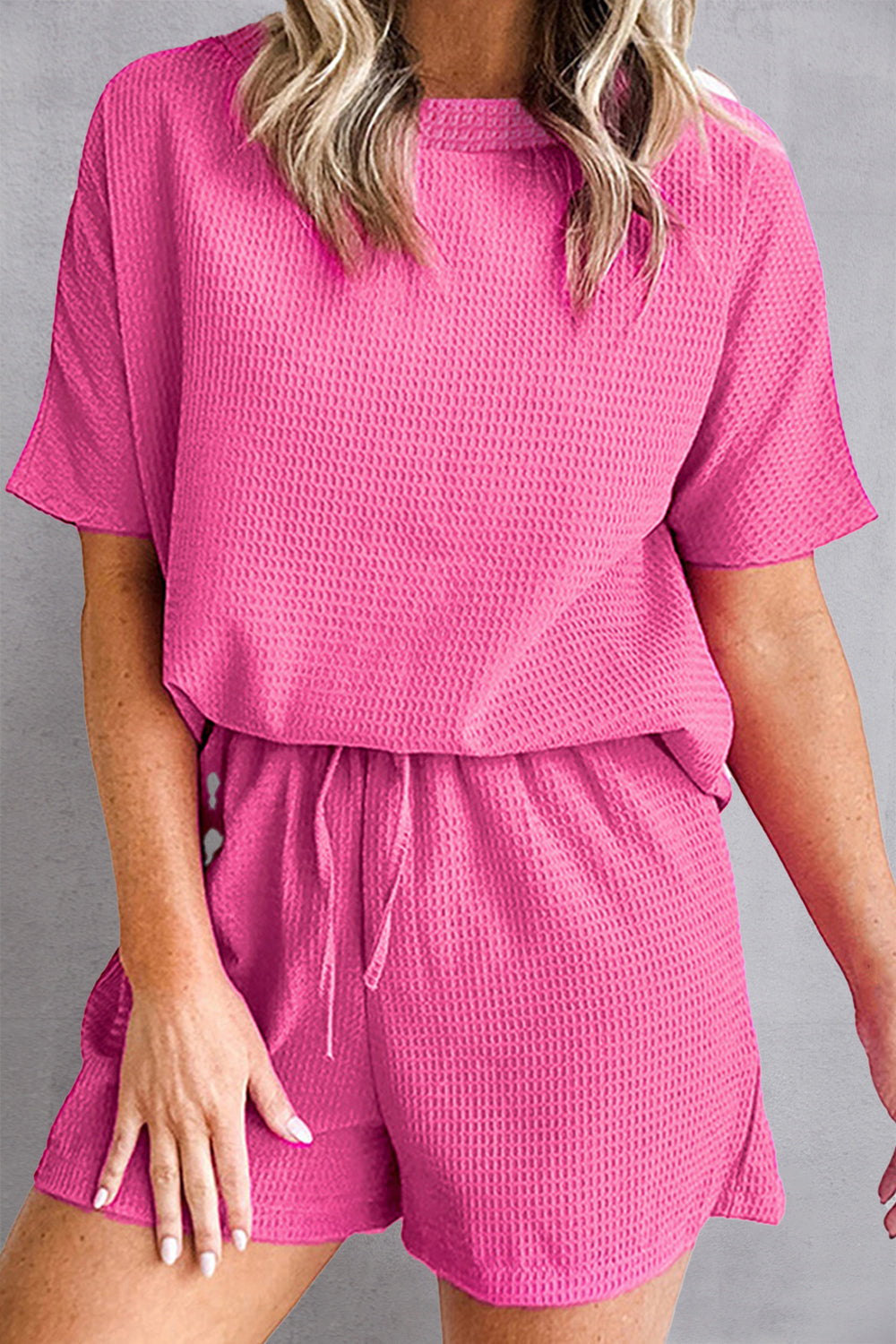 Explore More Collection - Waffle-Knit Round Neck Top and Shorts Set