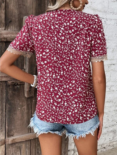 Explore More Collection - Full Size Printed V-Neck Short Sleeve Blouse