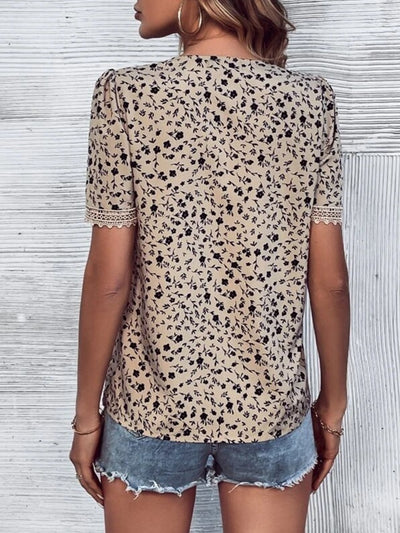 Explore More Collection - Full Size Printed V-Neck Short Sleeve Blouse