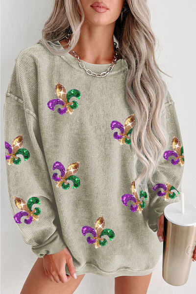 Explore More Collection - Mardi Gras Sequin Round Neck Dropped Shoulder Sweatshirt