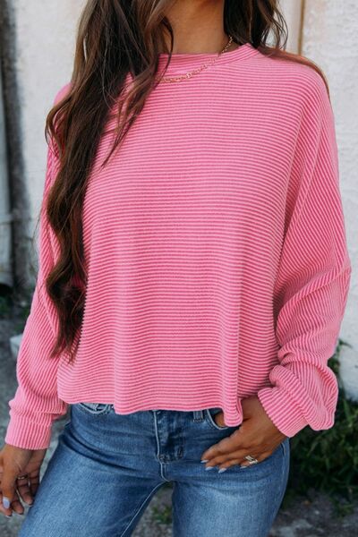 Explore More Collection - Striped Round Neck Long Sleeve Blouse