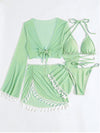 Explore More  Collection - Halter Neck Bra, Bottom, Tassel Flare Sleeve Cover-Up and Skirt Four-Piece Swim Set