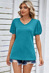 Explore More Collection - Heathered V-Neck Balloon Sleeve T-Shirt