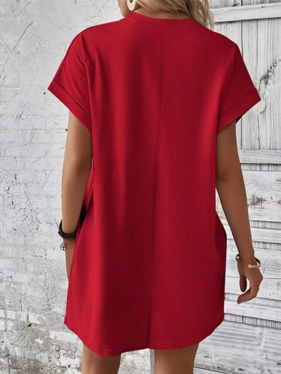 Explore More Collection - Pocketed Round Neck Short Sleeve Dress