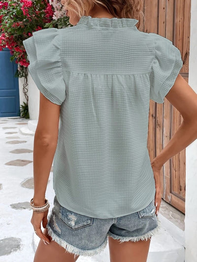 Explore More  Collection - Ruffled Notched Cap Sleeve Blouse