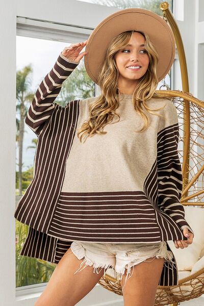 Explore More Collection - BiBi Striped Contrast Long Sleeve Slit Top