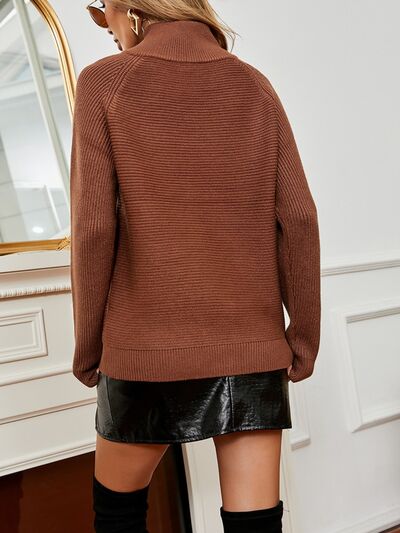Explore More Collection - Zipper Detail Turtleneck Raglan Sleeve Sweater