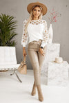 Explore More Collection - Hollowed Floral Lace Spliced Long Sleeve Blouse