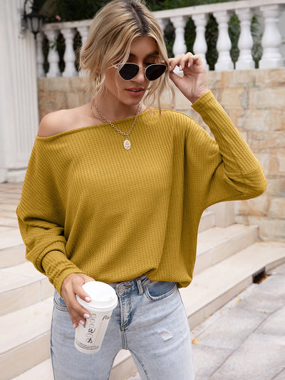Explore More Collection - Waffle-Knit Boat Neck Long Sleeve Top