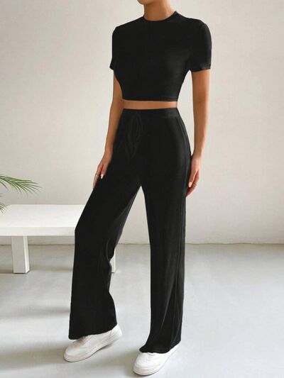 Explore More Collection - Drawstring Mock Neck Top and High Waist Pants Set