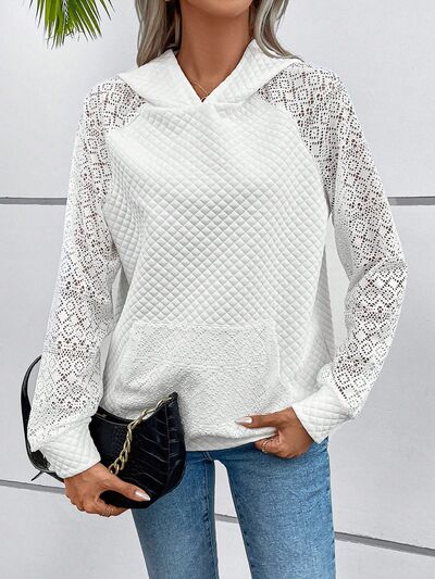 Explore More Collection - Lace Openwork Kangaroo Pocket Hoodie