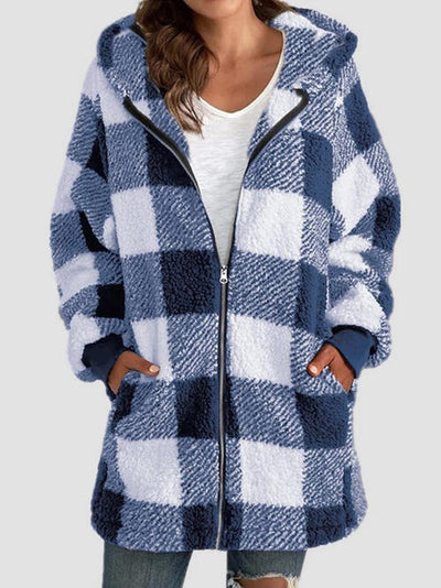 Explore More Collection - Plaid Zip Up Hooded Jacket with Pockets