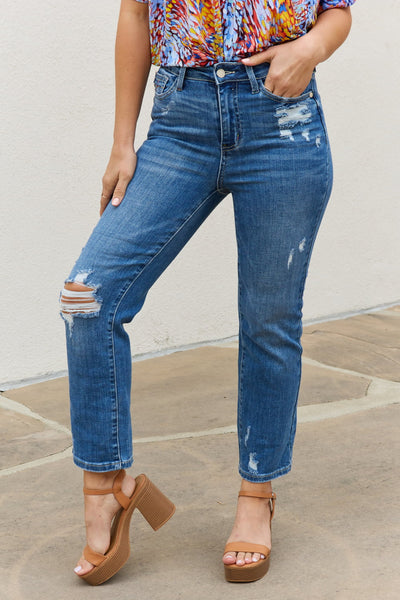 Explore More Collection - Judy Blue Theresa Full Size High Waisted Ankle Distressed Straight Jeans
