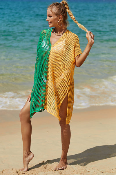 Explore More Collection - Double Take Openwork Contrast Slit Knit Cover Up