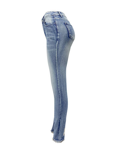 Explore More Collection - Rhinestone Detail Buttoned Jeans with Pockets