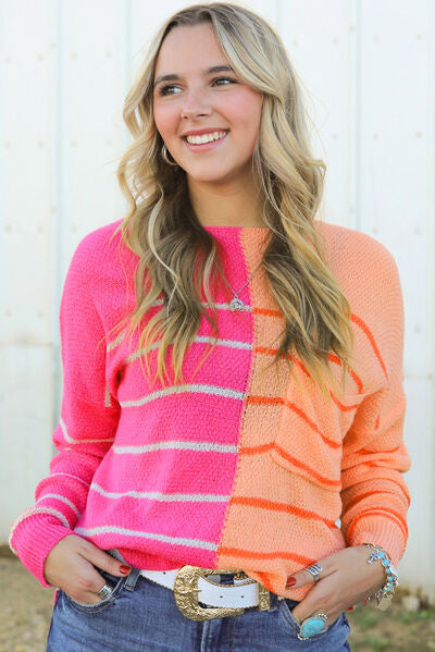 Explore More Collection - Striped Pocketed Dropper Shoulder Sweater