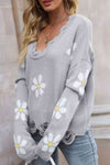 Explore More Collection - Flower Distressed Ribbed Trim Sweater