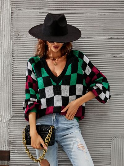 Explore More Collection - Checkered V-Neck Lantern Sleeve Sweater