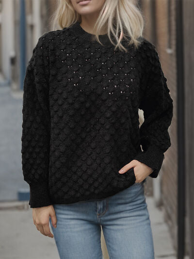 Explore More Collection - Openwork Round Neck Long Sleeve Sweater