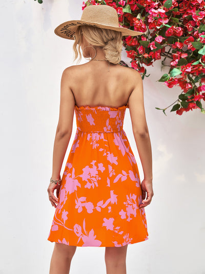 Explore More Collection - Floral Frill Trim Strapless Smocked Dress