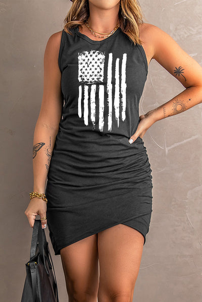 Explore More Collection - US Flag Graphic Tulip Hem Ruched Sleeveless Dress