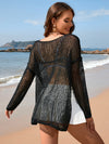 Explore More Collection - Openwork Slit Boat Neck Long Sleeve Cover-Up