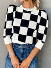 Explore More Collection - Plaid Round Neck Three-Quarter Sleeve Sweater