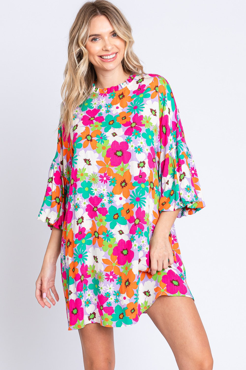 Explore More Collection - GeeGee Full Size Floral Round Neck Lantern Sleeve Mini Dress