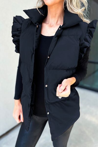 Explore More Collection - Ruffled Snap Down Mock Neck Vest Coat