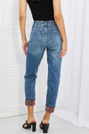 Explore More Collection - Judy Blue Mid Rise Paisley Patch Cuff Boyfriend Jeans
