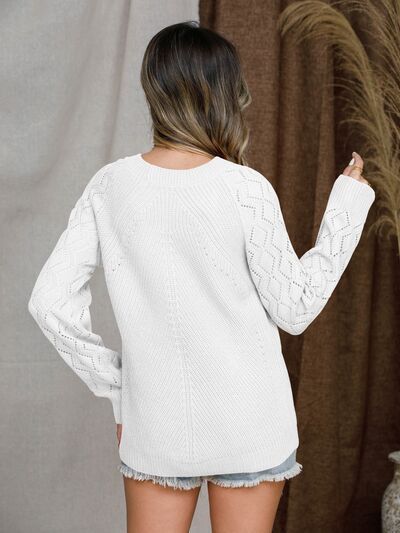 Explore More Collection - Openwork Round Neck Raglan Sleeve Sweater