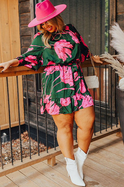 Explore More Collection - Plus Size Printed Lantern Sleeve Ruffle Hem Dress