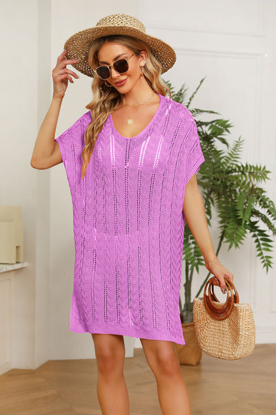 Explore More Collection - Double Take Openwork Short Sleeve Slit Knit Cover Up