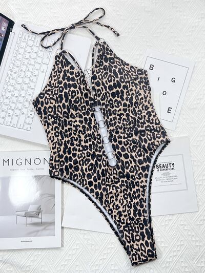 Explore More Collection - Leopard Cutout Halter Neck One-Piece Swimwear