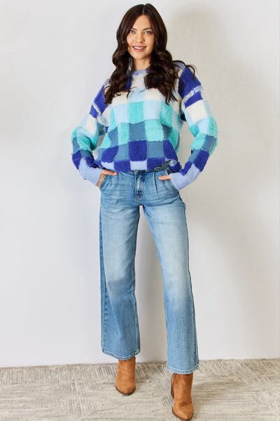 Explore More Collection - J.NNA Checkered Round Neck Long Sleeve Sweater