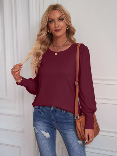 Explore More Collection - Round Neck Lantern Sleeve Blouse