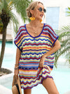 Explore More Collection - Rainbow Stripe Scalloped V-Neck Cover-Up Dress