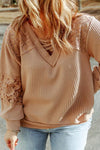 Explore More Collection - Plus Size Waffle -Knit V-Neck Long Sleeve Blouse